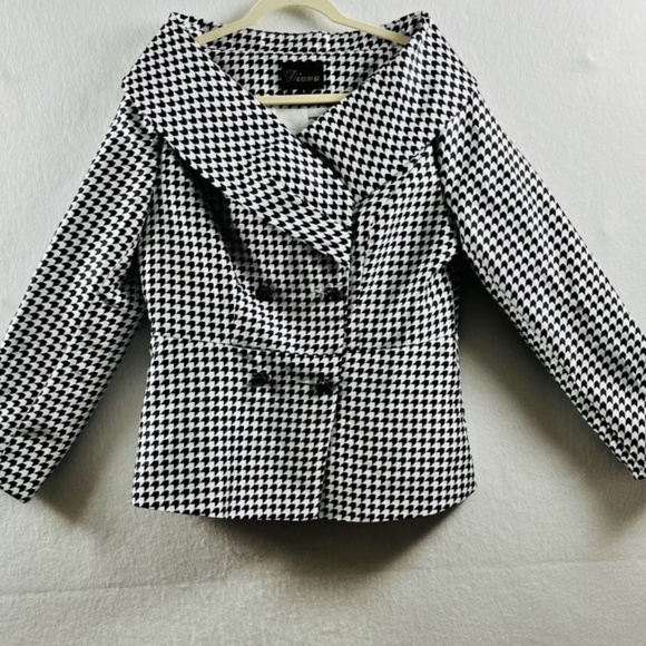 DIANA Houndstooth Black&White Shawl Collar Dbl Breasted Waist Length Blazer Sz 8 - Picture 1 of 8